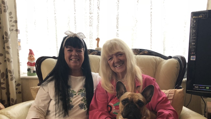 Sheridan's mum in pink, Marilyn, and fab'lus Auntie Linda from Wales. The dog's called Dolly Parton.