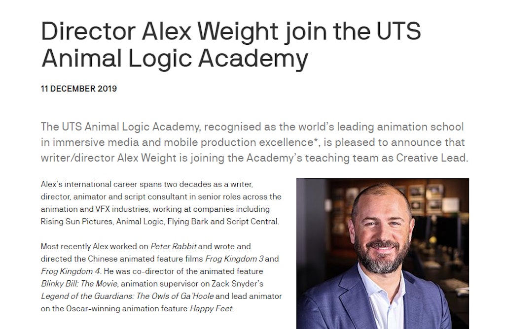 Director Alex Weight join the UTS Animal Logic Academy