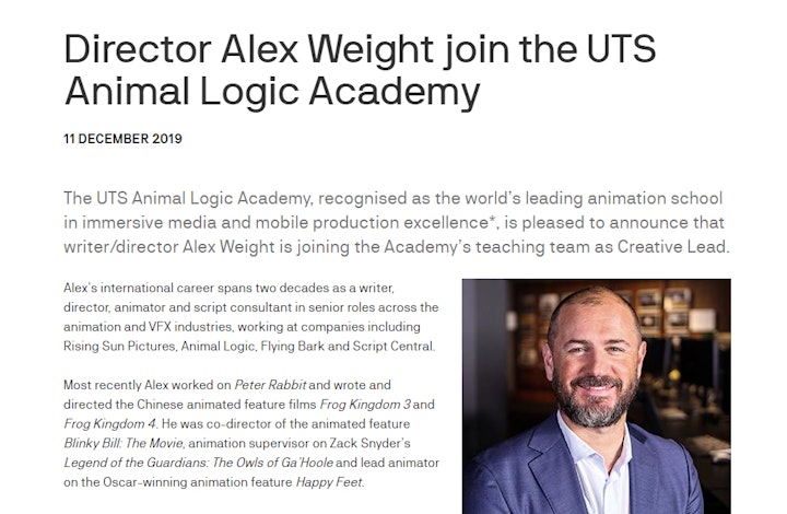 Director Alex Weight join the UTS Animal Logic Academy