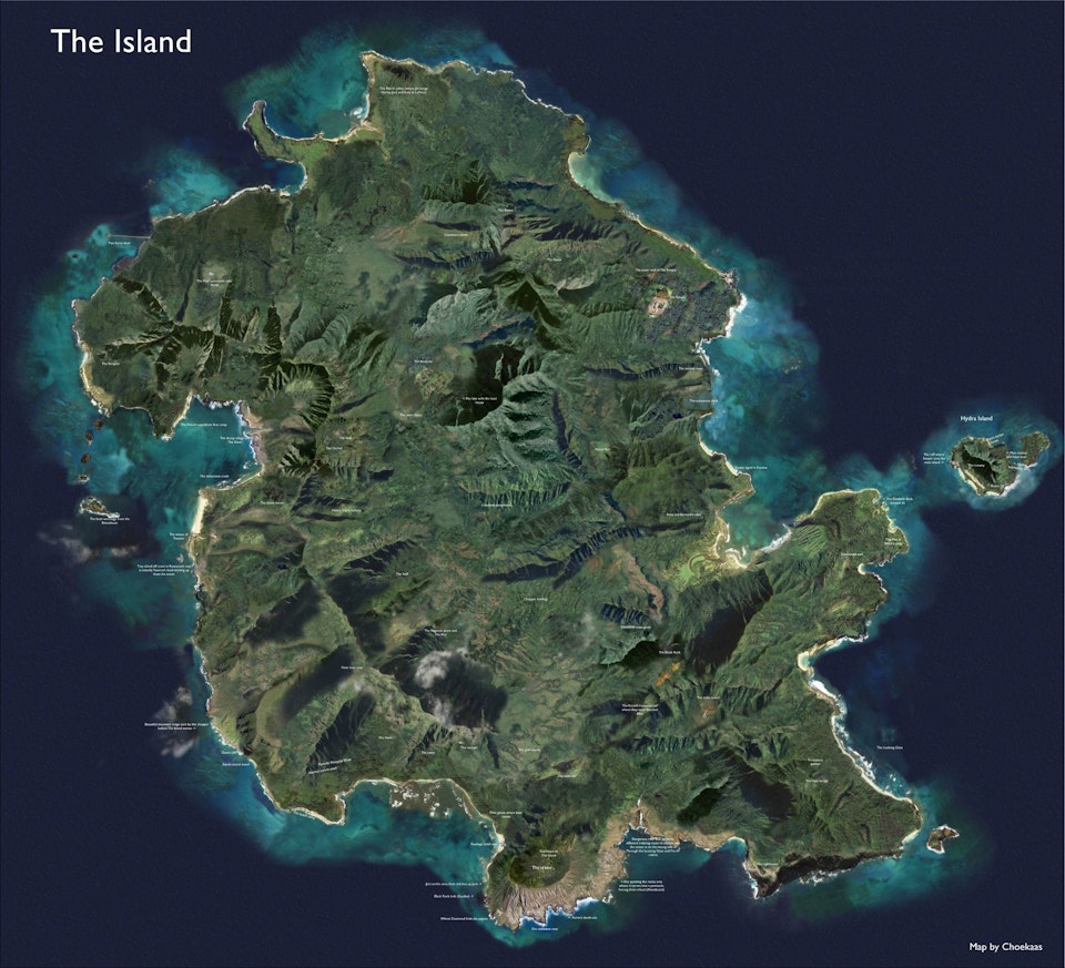 TV SHOW - Lost - A detailed Google Earth map of The Island.
This map of The Island from Lost is comprised of different parts of Oahu that served as the filming location for various places (which is why it might look odd with the shadows and some of the nature). This is due to the crew filming in various places on Oahu, behind parking lots, in ranches, gardens and various beaches, including putting CGI mountains and jungle in the shots. However this is my best attempt at recreating it using most of the locations put on by the brilliant cartographer TheLostMap (http://thelostmap . blogspot . no/), but also a little bit of this Tumblr user (http://theislandmap . tumblr . com/) which is a great attempt on pinpointing the locations. I combined these two cartographers, and tweaked a little bit myself with the stuff I disagreed on in terms of placement. I am happy to discuss why I've put the locations where they are right now. Enjoy!
Higher resolution: https://imgur.com/gallery/2evWW