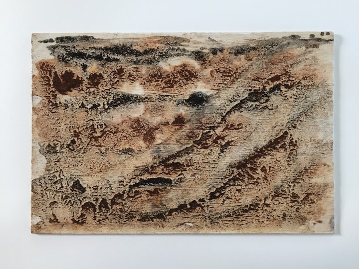 feannagan IV​ (2014)
peat soot, rust and gum arabic over gesso on card, 21cm x 14cm