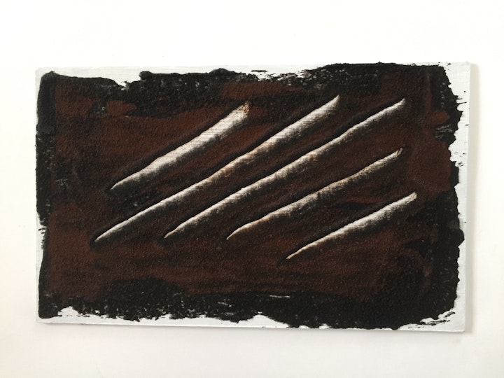 feannagan III (2014)
peat soot, rust, sand and PVA over gesso on card, 21cm x 14cm