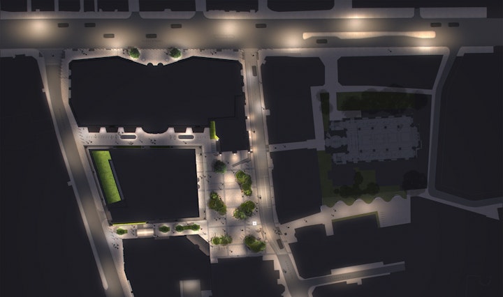 Landscape masterplan - Lighting (Column Option) - The glow plan illustrates the distribution and intensity of lighting across the streets and surrounding buildings within the site, offering a clear visualisation of how illumination shapes the nighttime environment. It maps varying light levels to reflect functional needs and define character zones, supporting a thoughtful balance between visibility, atmosphere, and spatial identity.