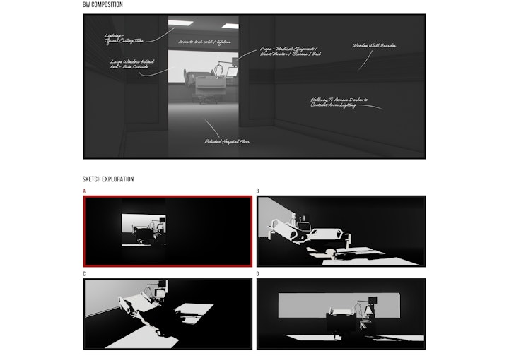 Process Template (BW Comp & Sketches) - I wanted this key frame to capture the sombre mood and emotion felt by the character in the shot. I decided to position the camera outside the doorway with a narrow depth of field to support the implied narrative. Strong contrast between the foreground and background was added to help draw the eye into the room.