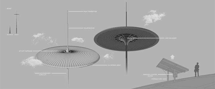 Diagram - I created this personal concept to develop a futuristic structure with solar functionality. The 3D model was created using SketchUp Pro.