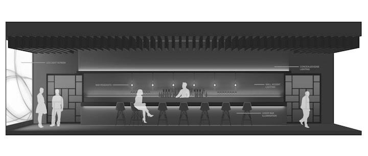 Graphic Composition - The brief was to develop an environment design for a futuristic bar and lounge space in the hospitality sector. Metallic and wooden finishes were incorporated to provide contrast and visual interest. Lighting was carefully integrated to provide subtle illumination of the various materials.