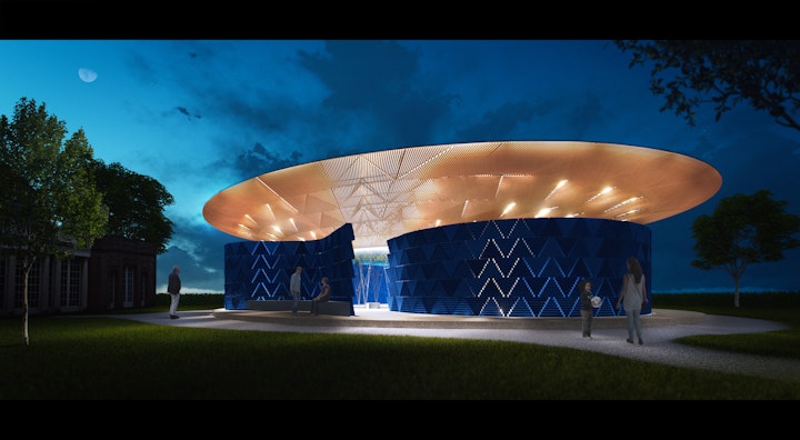 Pavilion 2017 - Concept visualisation for the 2017 Serpentine Pavilion in Hyde Park London. The image was used to help communicate the architect's vision for the lighting design and progress the Pavilion from concept to completion.