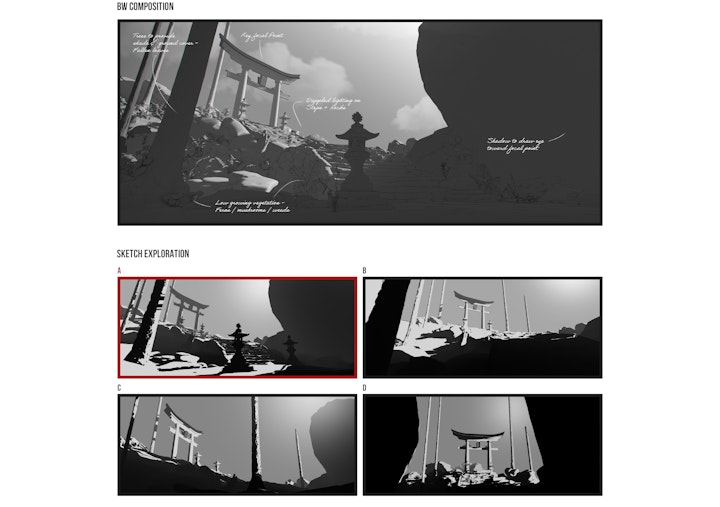 Process Template (Comp & Sketches) - I created a set of environment studies to challenge and improve my understanding of lighting, weather, landscape, and their collective impact on the atmosphere of a specific location. Additionally, I aimed to enhance my workflow through this exercise, emphasising the importance of meticulous planning for the efficient exchange of 3D assets when rendering each scene.