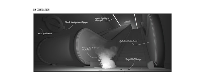 Process Template Flare - An environment concept to help convey the cinematic lighting and atmosphere for a game sequence. The 3D assets were modelled in Blender and later painted over in Photoshop.