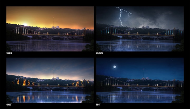 Bridge Lighting Concepts - The following concepts were developed to communicate how the bridge lighting design can adapt to various environmental conditions. Such as colour shifting for sunsets and dynamic animations during thunderstorms.