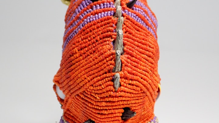Orange Parrot, back, Knotted Waxed Linen and found objects