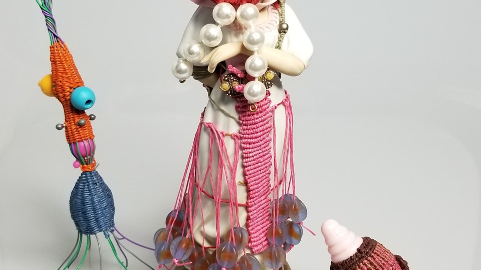 Knotted sculptures - Deep in the Pearls with her pets; Knotted Waxed Linen and found objects