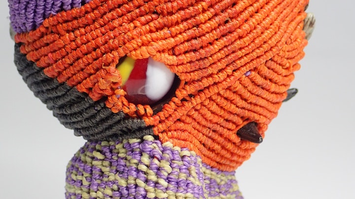 Orange Parrot, detail, Knotted Waxed Linen and found objects
