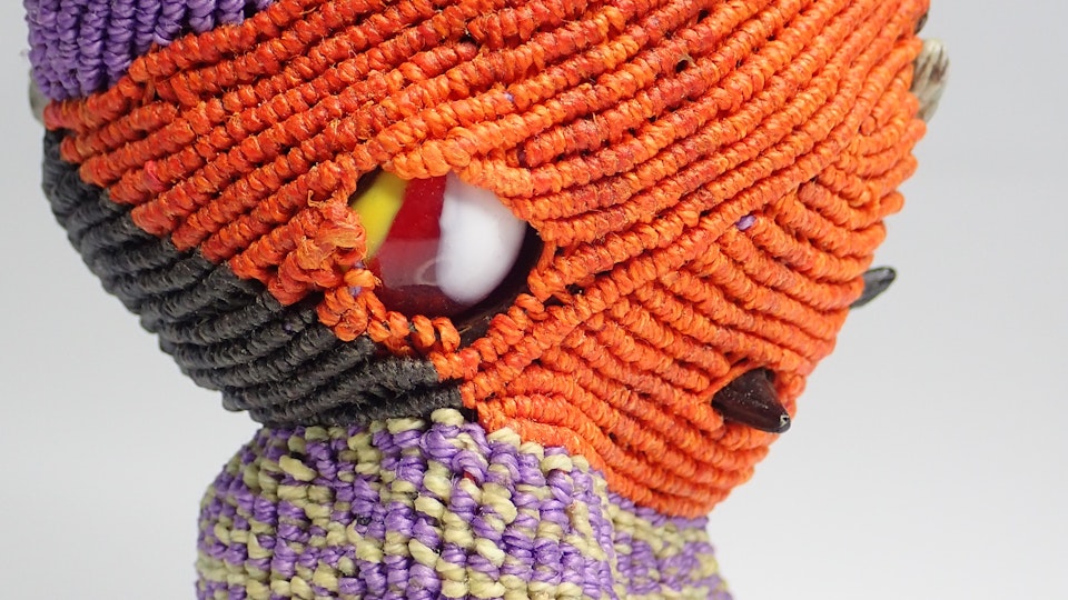 Knotted sculptures - Orange Parrot, detail, Knotted Waxed Linen and found objects