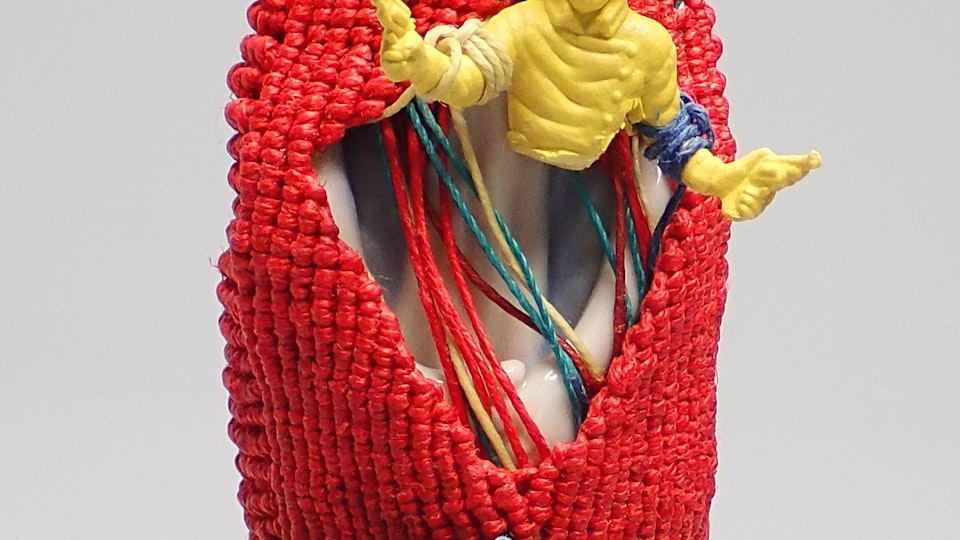 Knotted sculptures - Cowboy Clown, Knotted waxed linen and found objects, front view