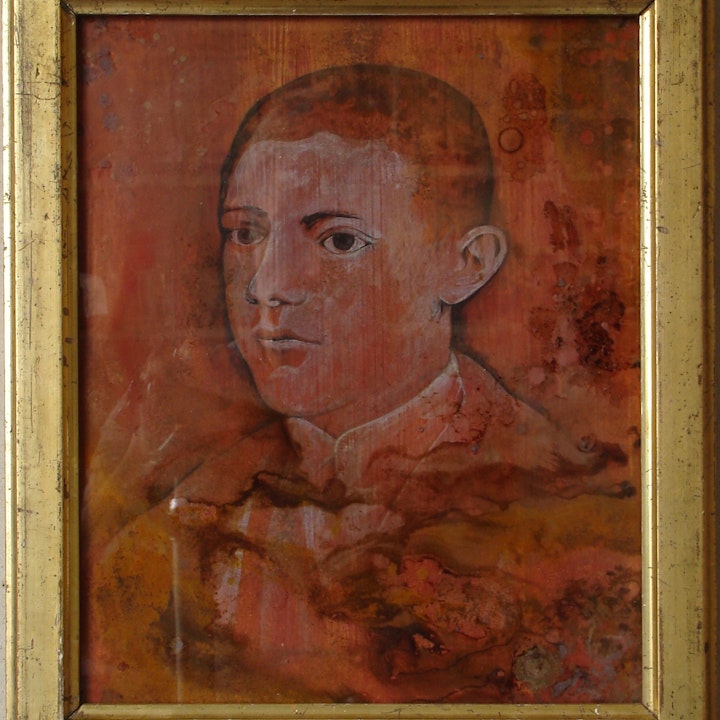 PORTRAIT I (27x32) 2012
Pigment, iron oxide, gesso on panel and glass