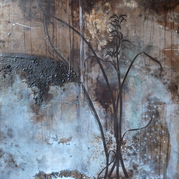 GREAT FEN I (145x188) 2014
Gesso, pigment, wood ash, bitumen, beeswax
 on canvas tarpaulin