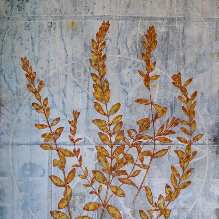 MILKWORT (80x112)  2017
Gesso, pigment, gold leaf, beeswax
 on canvas tarpaulin