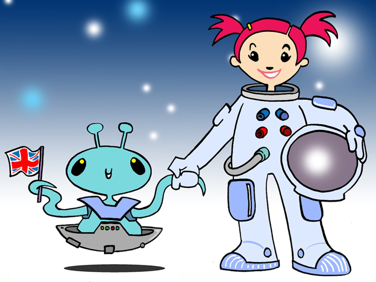 illustration animation  humorous comical colourful graphic cartoon manga anime publishing  alien astronaut girl helmet scifi future fantasy friendly monsters
