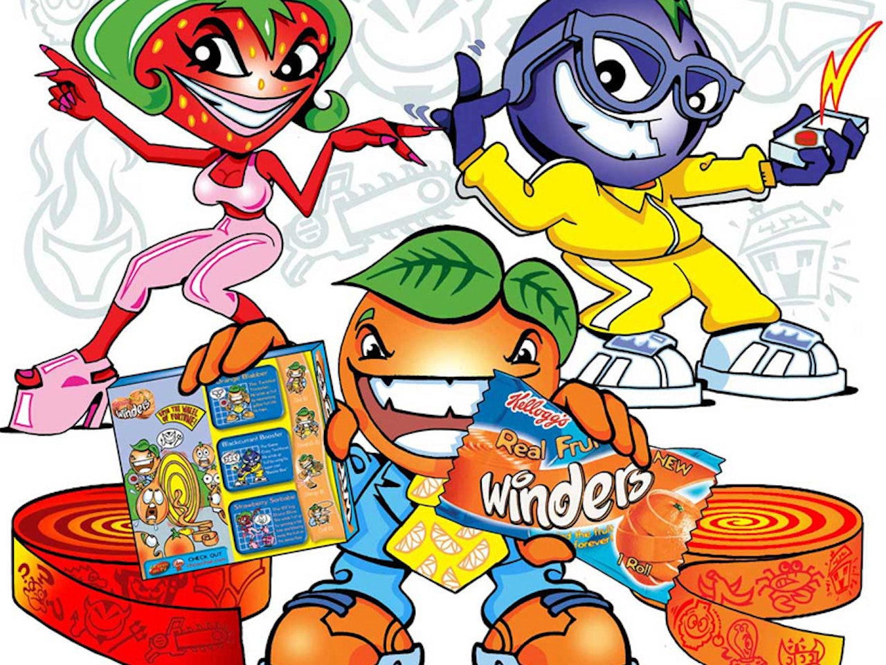 Kelloggs Fruit Winders gang  packaging design Cool friendly funny Funky Happy manga anime childrens cartoon comic strip Book cover illustration animation