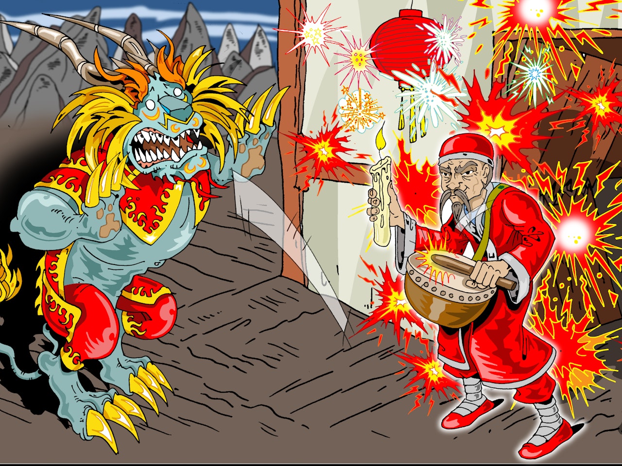 ancient myth legend horror monster spirit china chinese lion fireworks  manga anime childrens cartoon comic strip Book cover illustration animation