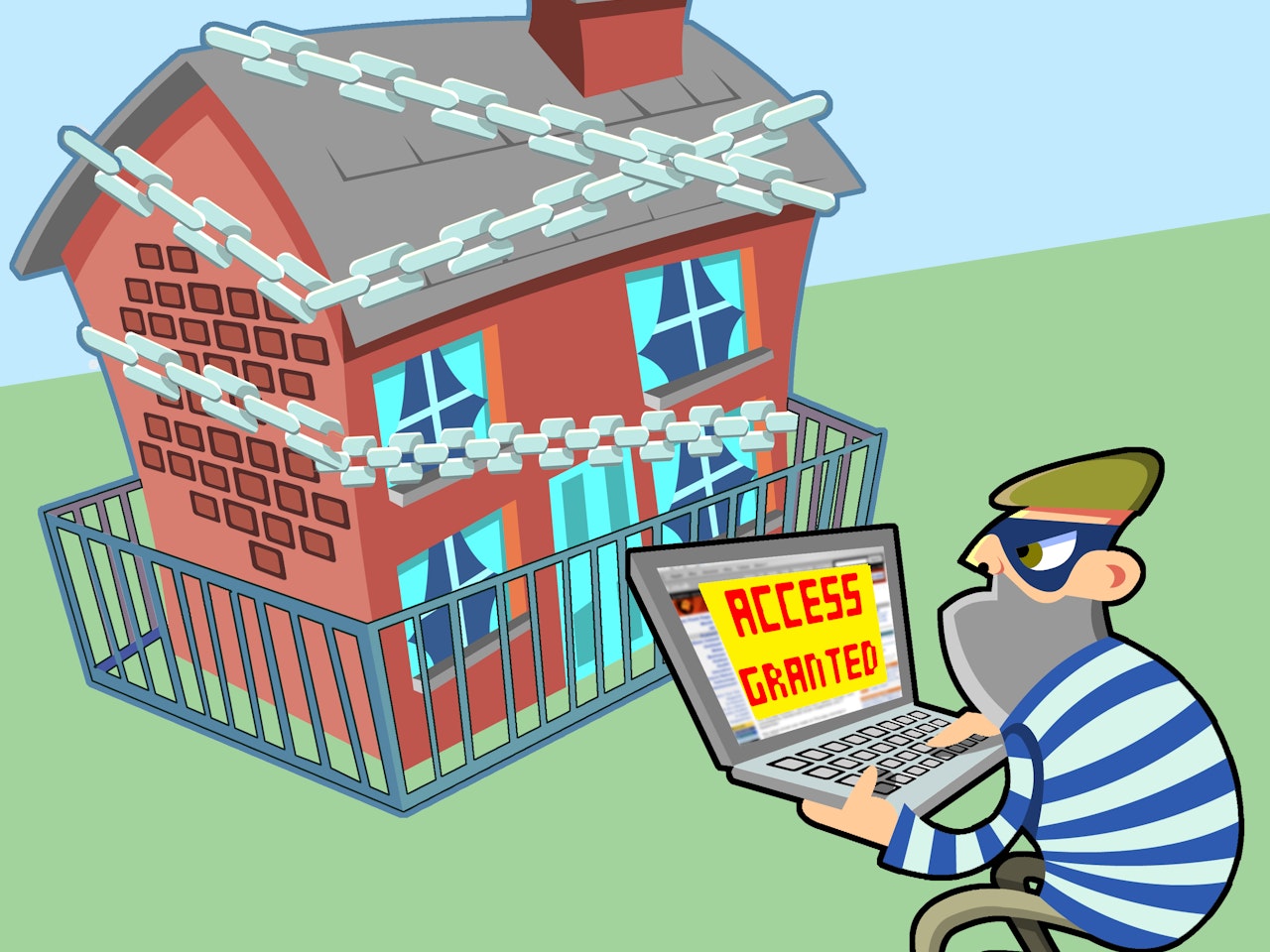 funny happy humorous comical colourful graphic cartoon  Security burglar robber robbery  internet online fraud chains house home