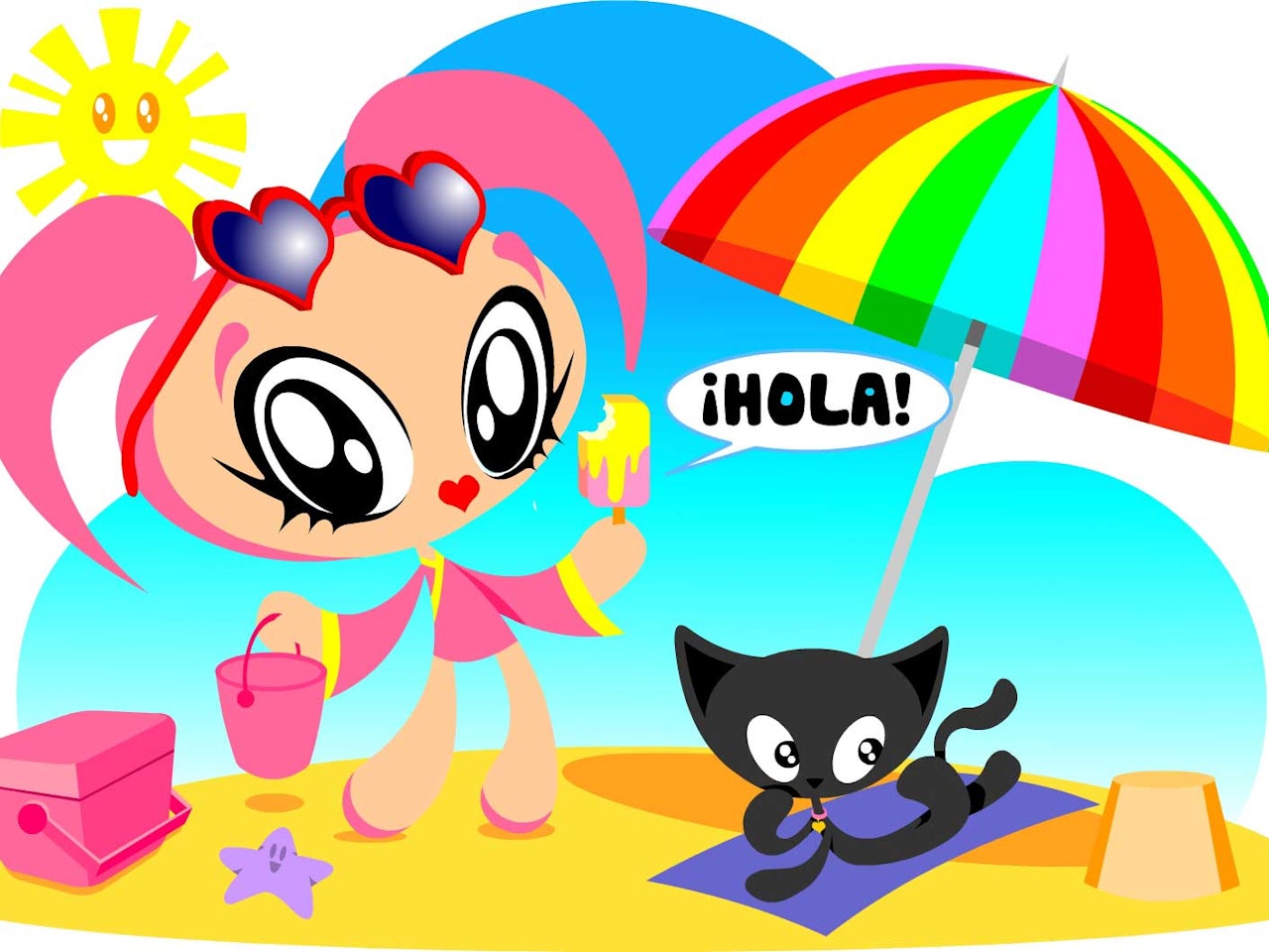 Cool funny Funky Happy manga anime childrens cartoon Lucky girl on beach with cat ice cream umbrella sunny