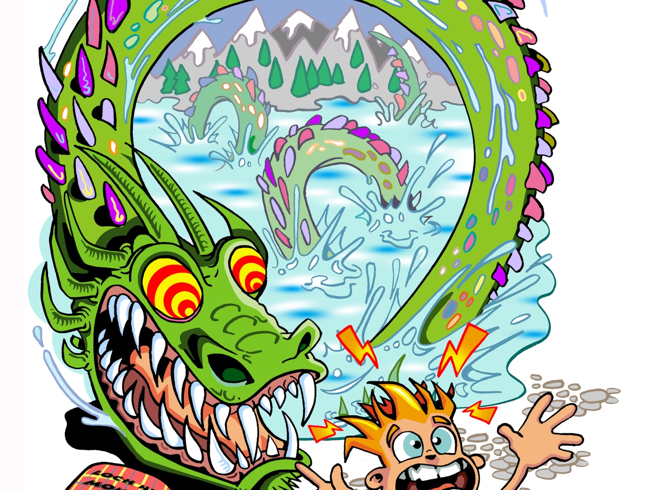 loch ness monster serpent snake myth legend scottish funny Funky Happy manga anime childrens cartoon comic strip Book cover illustration animation