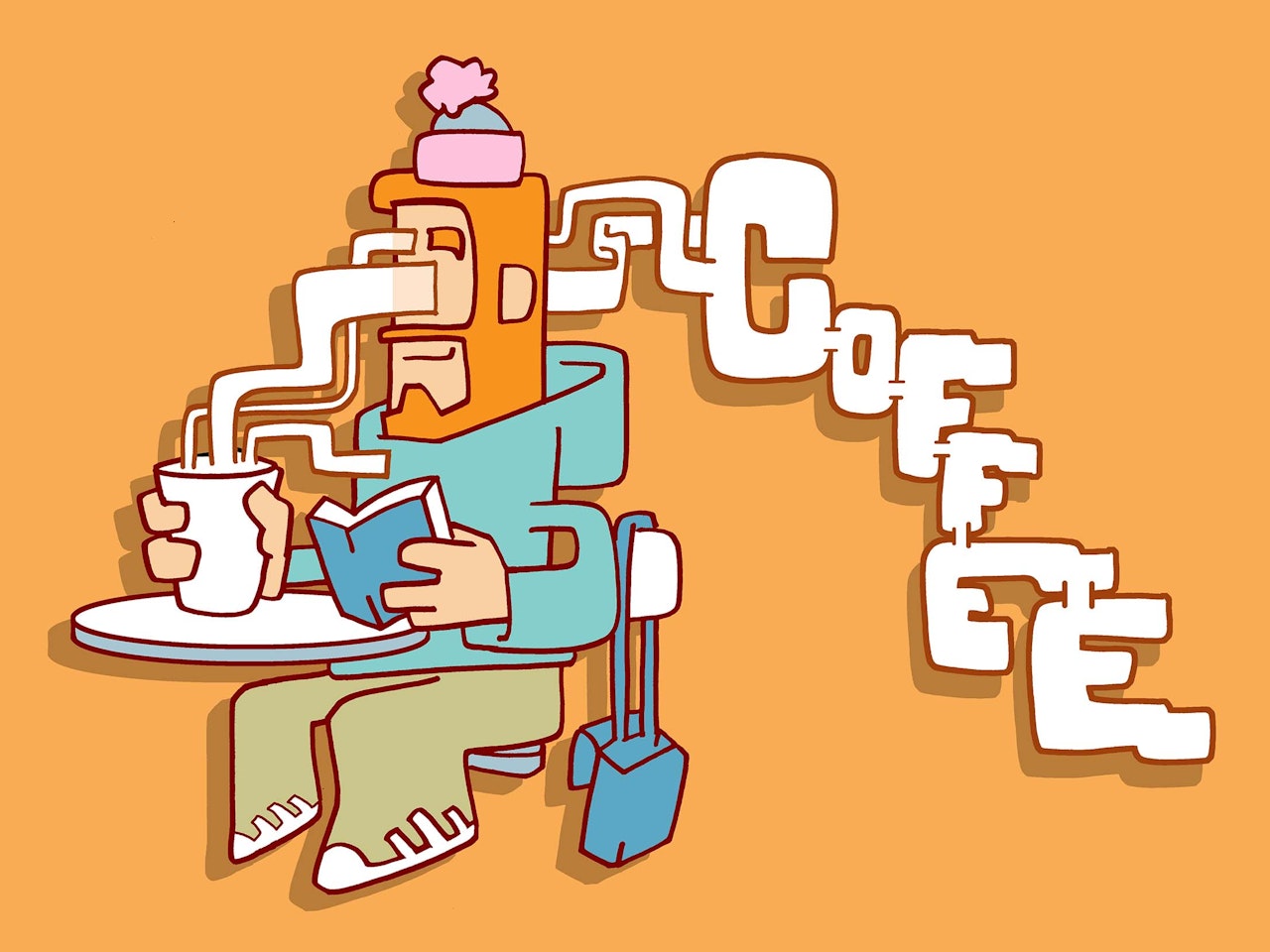 Cartoon illustration cool funny happy urban hipster coffee cafe book espresso barista latte tea coffeeshop relaxation bookreader food cake chocolate cappuccino typography aroma smell