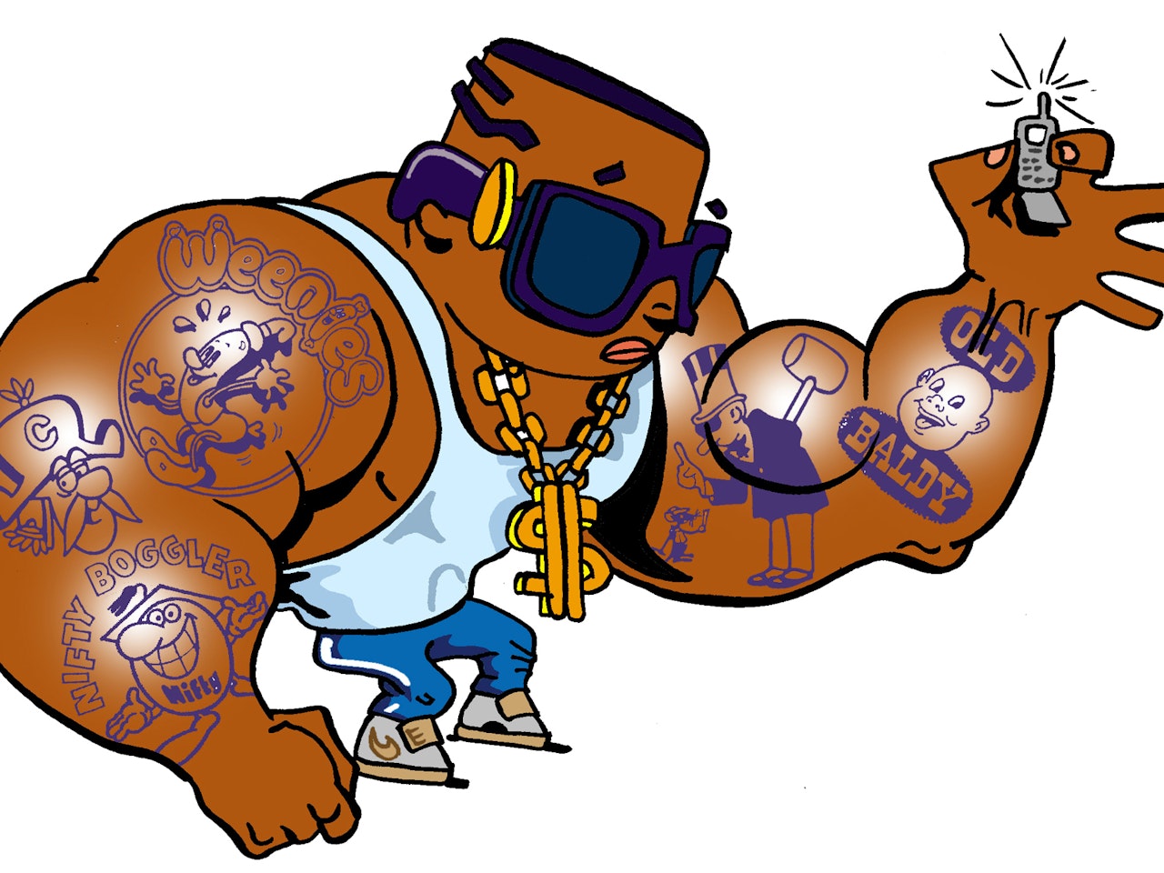 funny cool tattooed urban hip hop style cartoon muscled guy with gold chain and old school sneakers