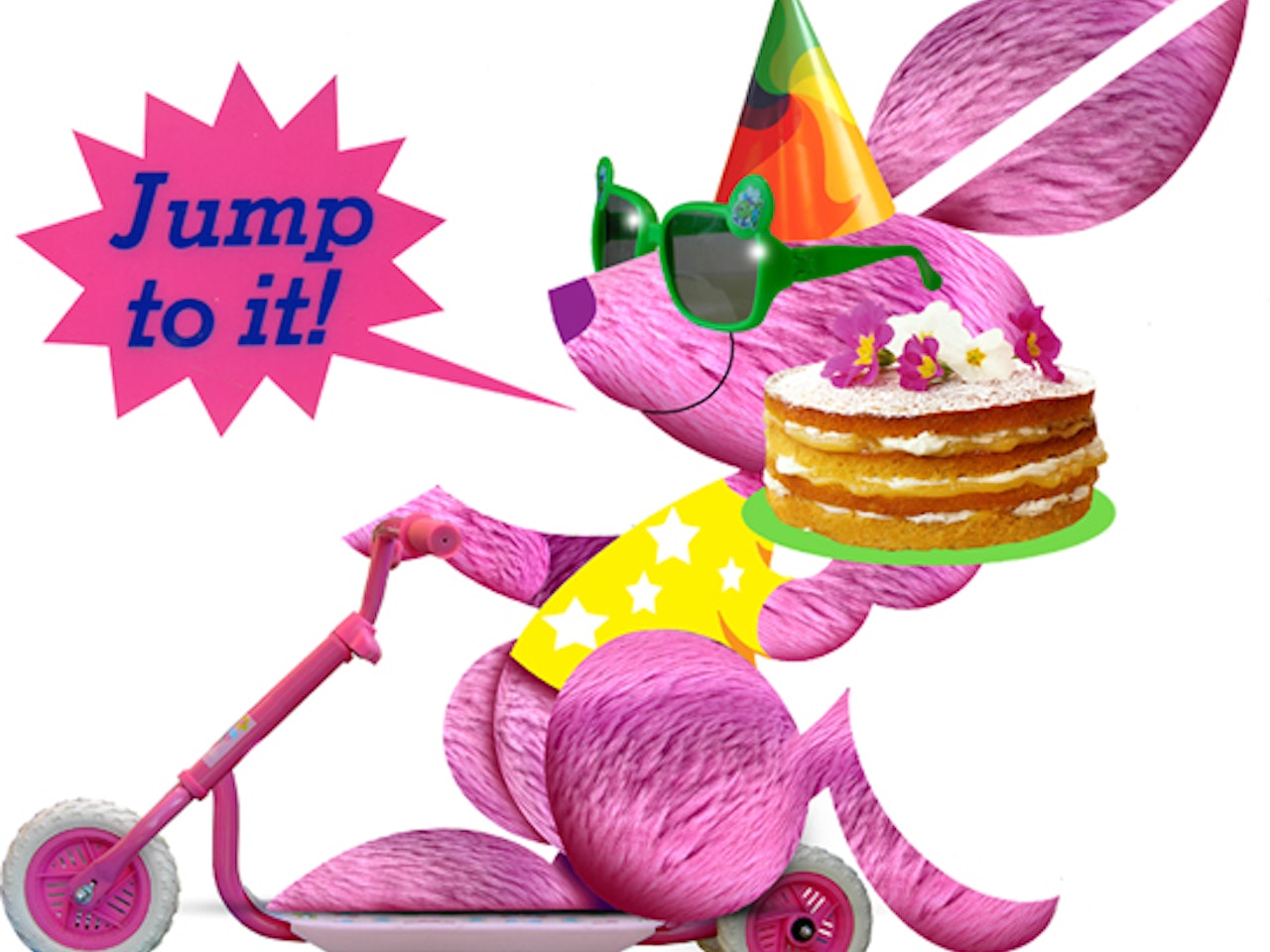 pink rabbit scooter cake party hat collage funny happy humorous comical colourful graphic illustration   retro vintage