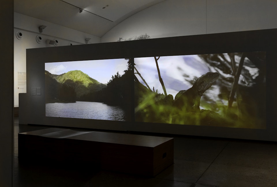 Gurangatch and Mirragan - Aunty Sharyn Halls with Craig Bender and Vera Hong. Gurangatch and Mirragan (2017-2022). 4’43” Single channel HD video. Stereo audio. Water presence & absence exhibition, Blue Mountains Cultural Centre. Installation Photo: Silversalt Photography