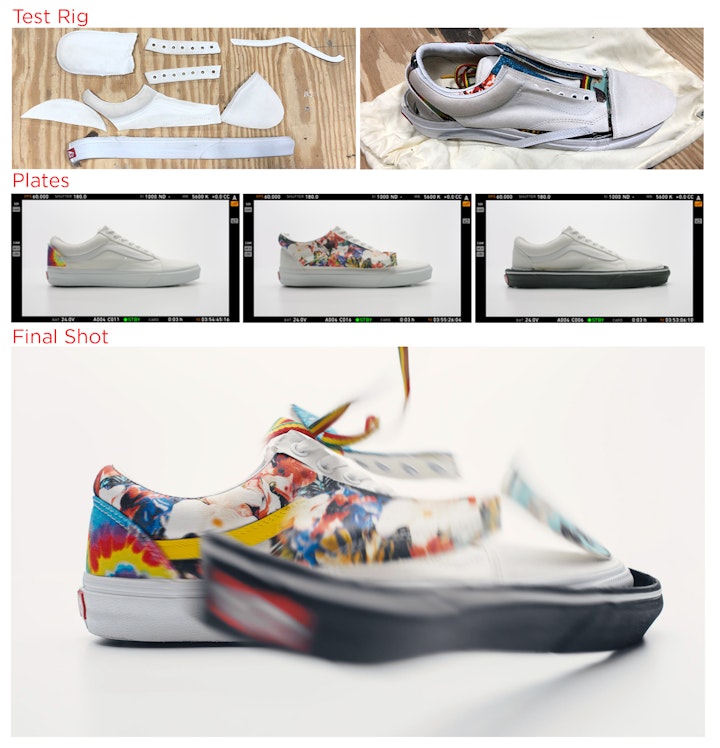 Vans: Customs - Since the goal of the piece was to use real photography and animation to create a sense of awe, we knew it was important to shoot the ‘explosion’ practically. To do this, I worked with Ilya to break the hero shoe down to individual elements. We then placed each piece on a white sneaker and shot it pulled off with fishing line. In post, with a little bit of VFX, we would composite the plates so the actions occur simultaneously on screen.
