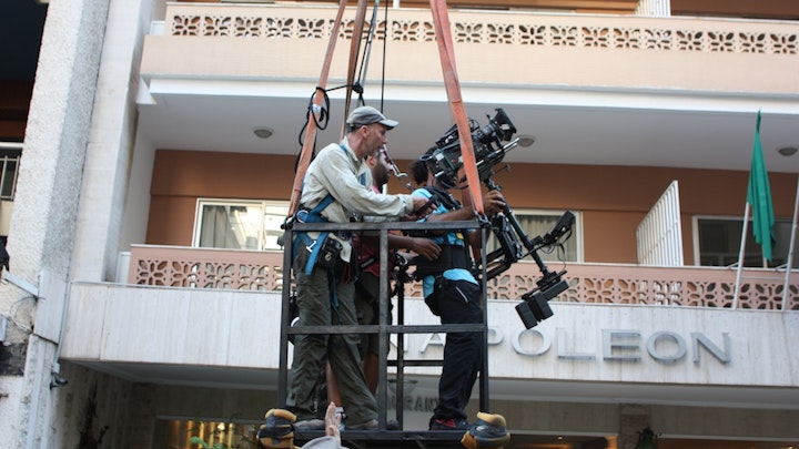 About to ascend in cradle with Steadicam Operator - Beirut