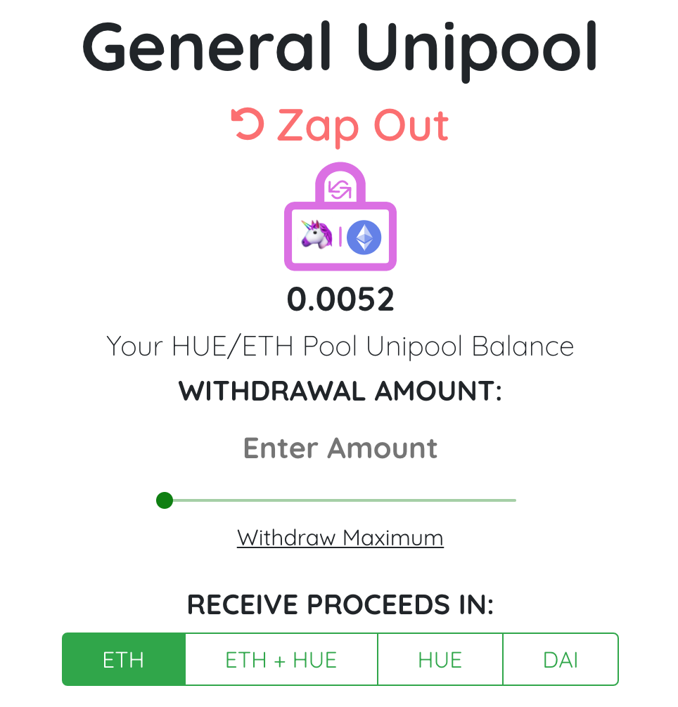 DeFiZap General Unipool Zap Out ETH