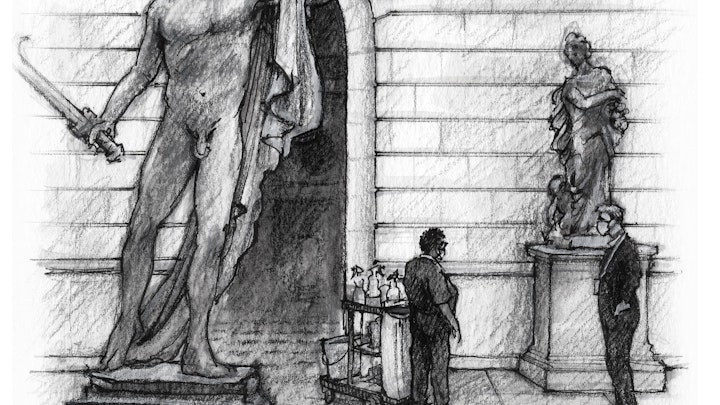 CITIES, LANDSCAPES, & ARCHITECTURE - First Day Back at the Met: European Sculpture Court (Watercolor pencil, ink, colored pencil, & gouache)