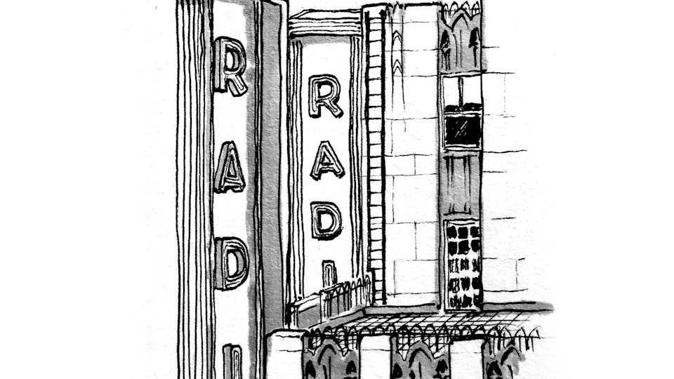 CITIES, LANDSCAPES, & ARCHITECTURE - Radio City Music Hall from 30 Rockefeller Plaza, NYC. (Pen & marker)