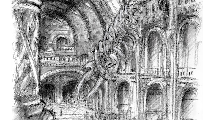 CITIES, LANDSCAPES, & ARCHITECTURE - Natural History Museum, London. (Ink wash & wax pencil)