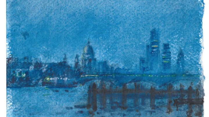 CITIES, LANDSCAPES, & ARCHITECTURE - St. Paul's and the City from South Bank, London. (Watercolor pencil on cotton rag paper)