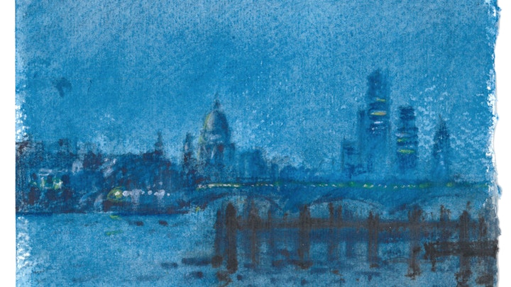 St. Paul's and the City from South Bank, London. (Watercolor pencil on cotton rag paper)