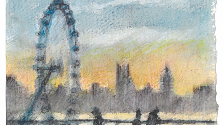 CITIES, LANDSCAPES, & ARCHITECTURE - Waterloo Bridge, London. (Watercolor pencil on cotton rag paper)