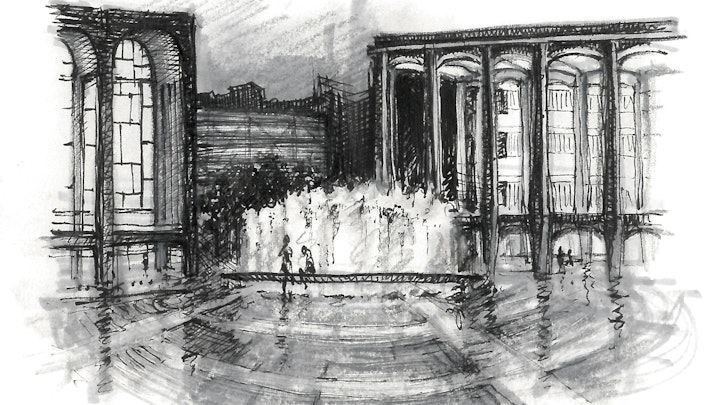 CITIES, LANDSCAPES, & ARCHITECTURE - Lincoln Center, Rainy Night, NYC. (Pen, marker, & colored pencil)