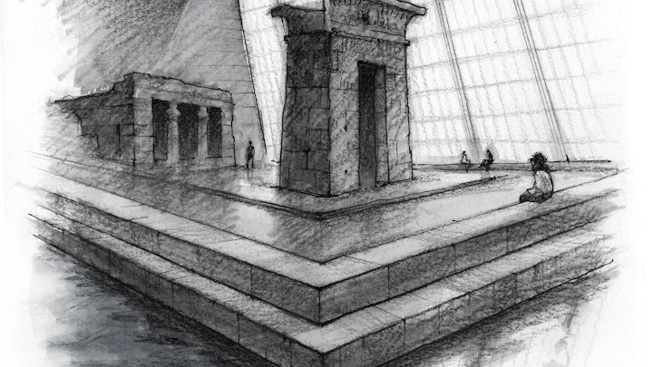 CITIES, LANDSCAPES, & ARCHITECTURE - First Day Back at the Met: The Temple of Dendur (Watercolor pencil, ink, colored pencil, & gouache)