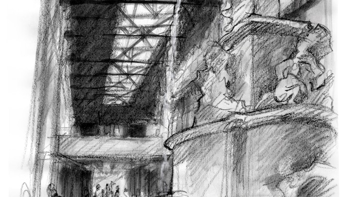 CITIES, LANDSCAPES, & ARCHITECTURE - Tate Modern, London. (Ink wash & wax pencil)