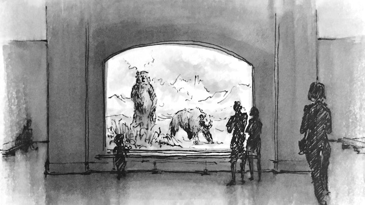 CITIES, LANDSCAPES, & ARCHITECTURE - Hall of North American Mammals, American Museum of Natural History, NYC. (Pen & marker)