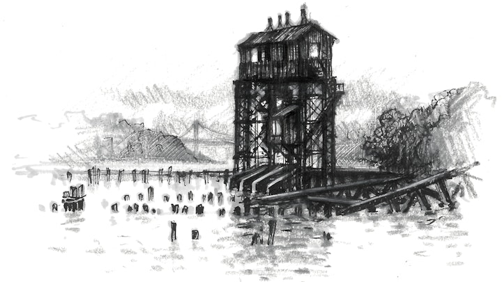 CITIES, LANDSCAPES, & ARCHITECTURE - Pier I Gantry, Hudson River, NYC. (Pen, marker, & colored pencil)