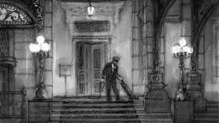 CITIES, LANDSCAPES, & ARCHITECTURE - Christmas at the Plaza. (Ink wash & wax pencil)