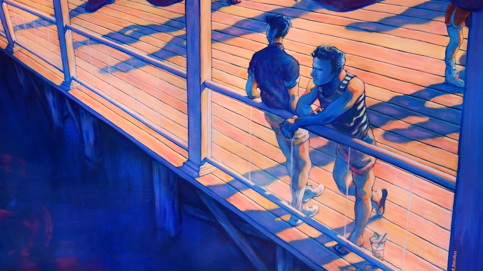PROVINCETOWN - Tea at the Boatslip, End of Summer. (Acrylic on paper, 68"x46")