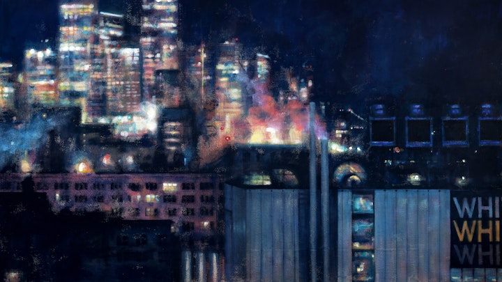 CITIES, LANDSCAPES, & ARCHITECTURE - Hudson Studio. (Acrylic on canvas, 40"x70")