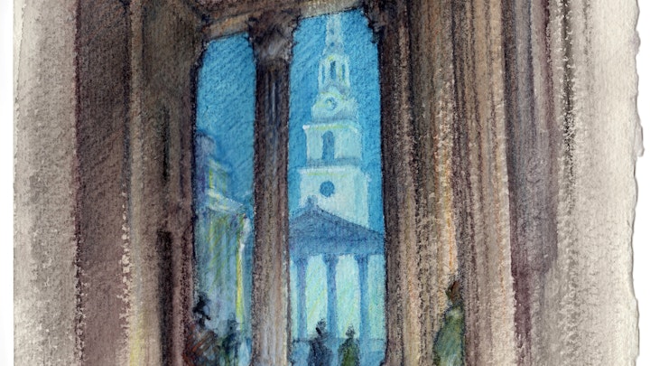 CITIES, LANDSCAPES, & ARCHITECTURE - St. Martin-in-the-Fields from the Portico of the National Gallery, London. (Watercolor pencil on cotton rag paper)